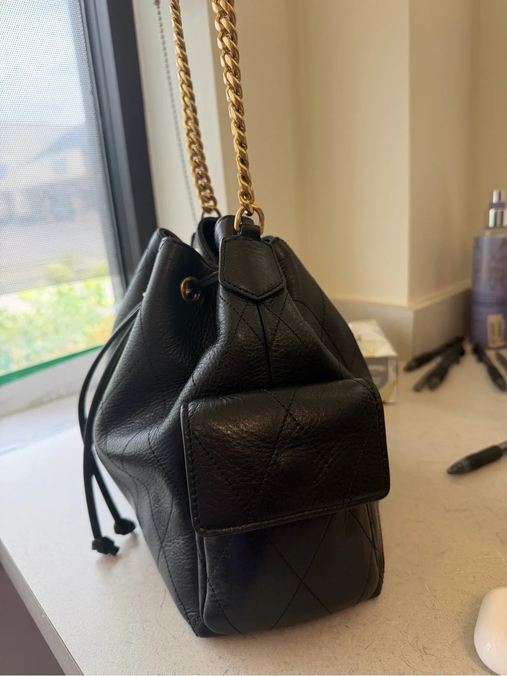 Tory Burch Charlie Quilted Drawstring Shoulder Bag - Black with Gold Hardware